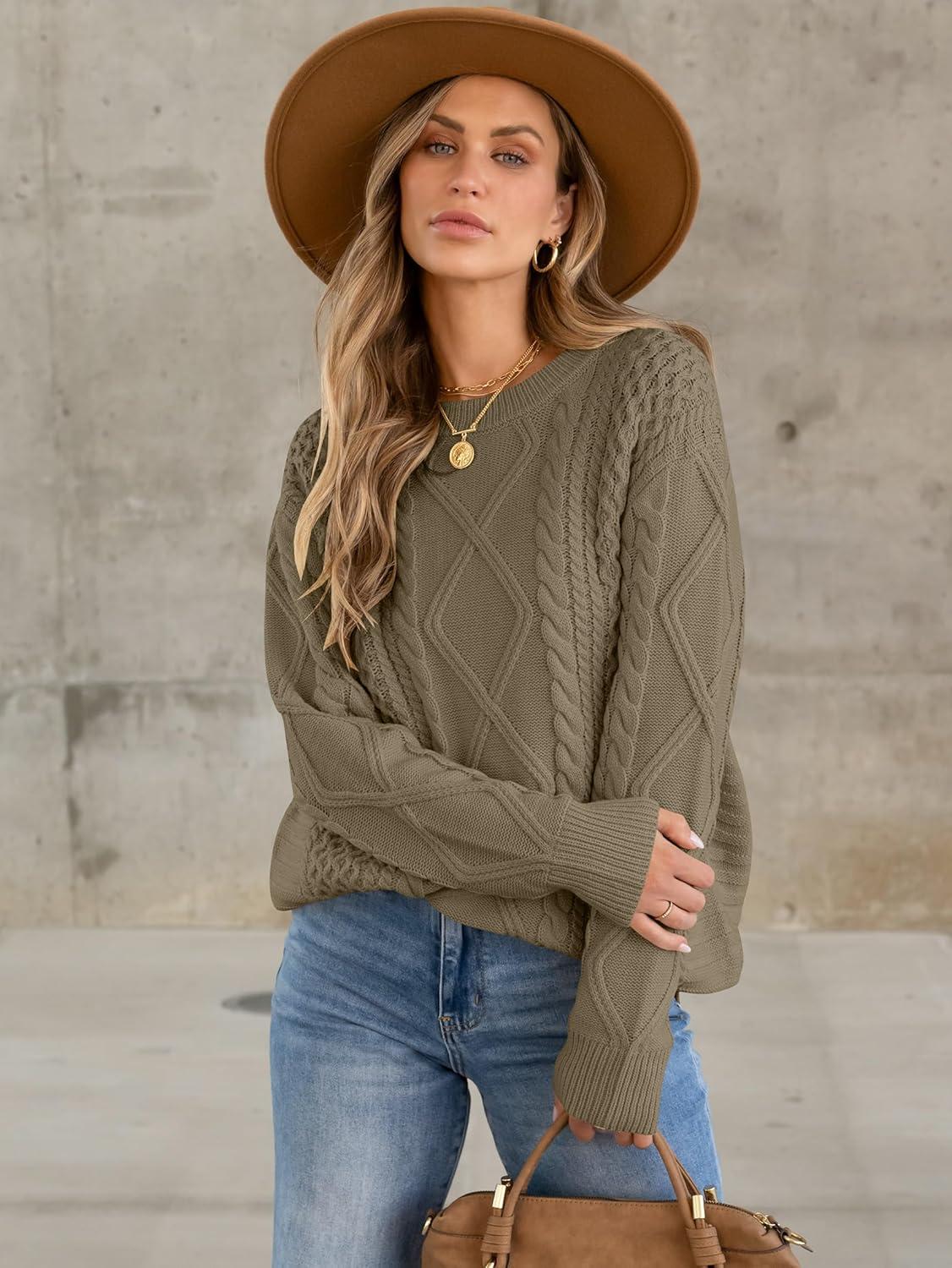 imageANRABESS Sweaters for Women Oversized Crewneck Long Sleeve Casual Loose Cable Knit Pullover Tops 2025 Fall Vintage ClothesBrown Yellow