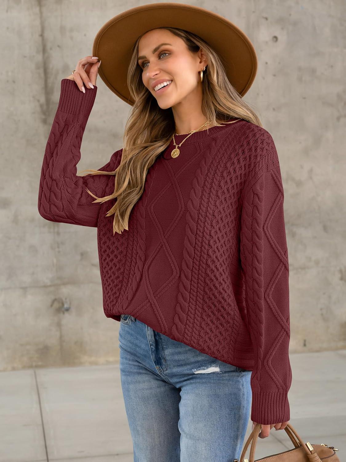 imageANRABESS Sweaters for Women Oversized Crewneck Long Sleeve Casual Loose Cable Knit Pullover Tops 2025 Fall Vintage ClothesBurgundy