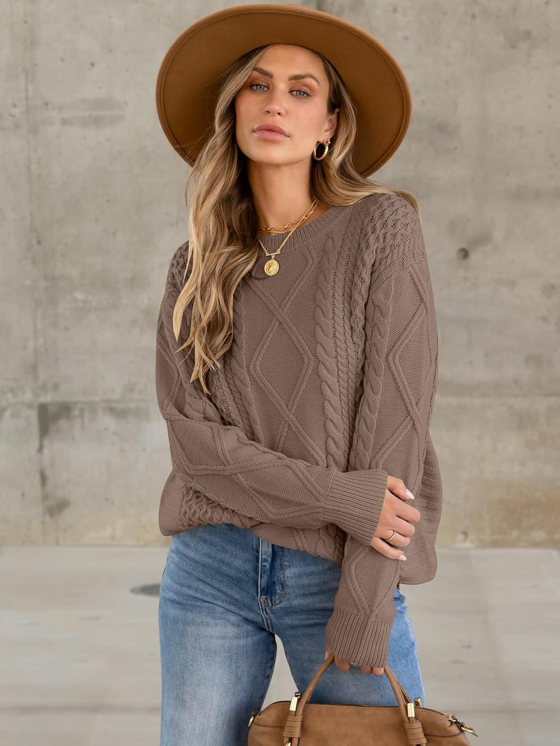 imageANRABESS Sweaters for Women Oversized Crewneck Long Sleeve Casual Loose Cable Knit Pullover Tops 2025 Fall Vintage ClothesCoffee