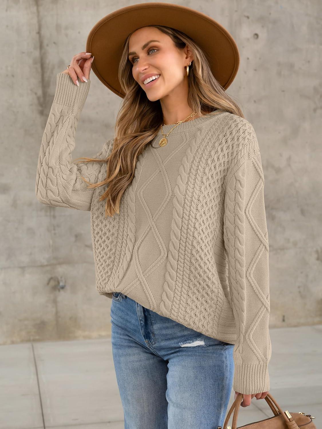 imageANRABESS Sweaters for Women Oversized Crewneck Long Sleeve Casual Loose Cable Knit Pullover Tops 2025 Fall Vintage ClothesDeep Apricot