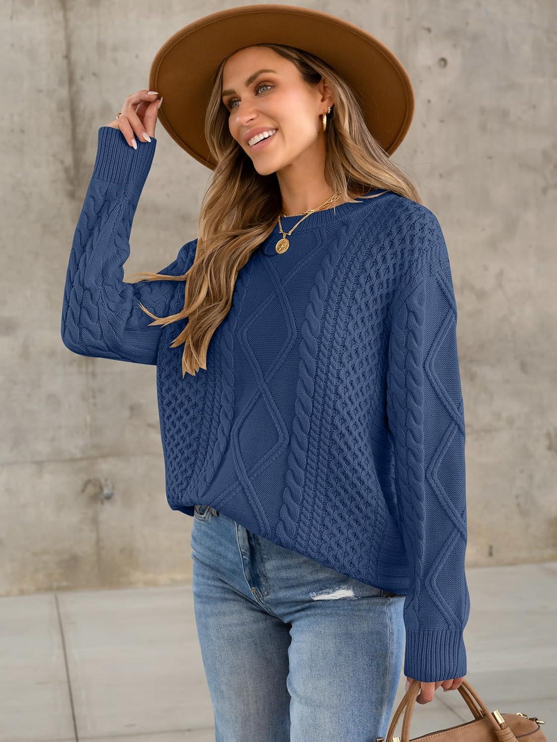 imageANRABESS Sweaters for Women Oversized Crewneck Long Sleeve Casual Loose Cable Knit Pullover Tops 2025 Fall Vintage ClothesDeep Blue
