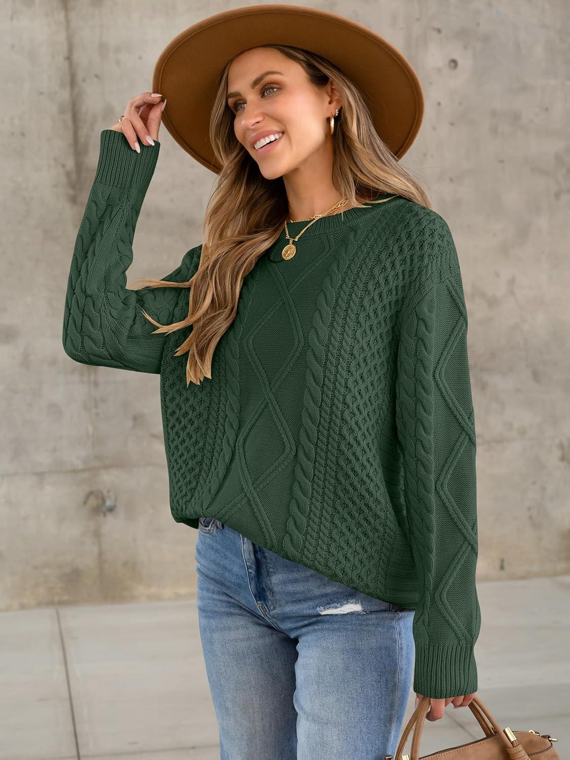 imageANRABESS Sweaters for Women Oversized Crewneck Long Sleeve Casual Loose Cable Knit Pullover Tops 2025 Fall Vintage ClothesDeep Green
