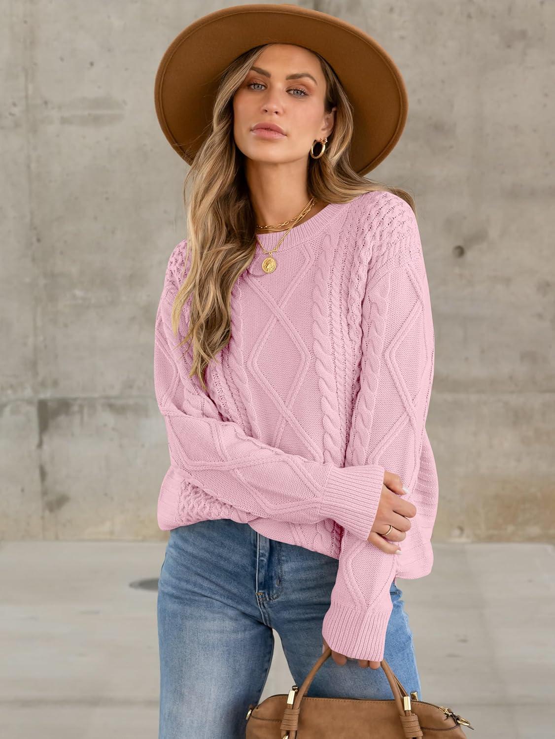 imageANRABESS Sweaters for Women Oversized Crewneck Long Sleeve Casual Loose Cable Knit Pullover Tops 2025 Fall Vintage ClothesLight Pink