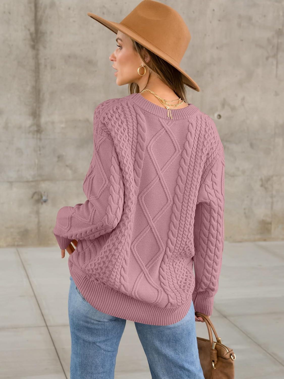 imageANRABESS Sweaters for Women Oversized Crewneck Long Sleeve Casual Loose Cable Knit Pullover Tops 2025 Fall Vintage ClothesPink
