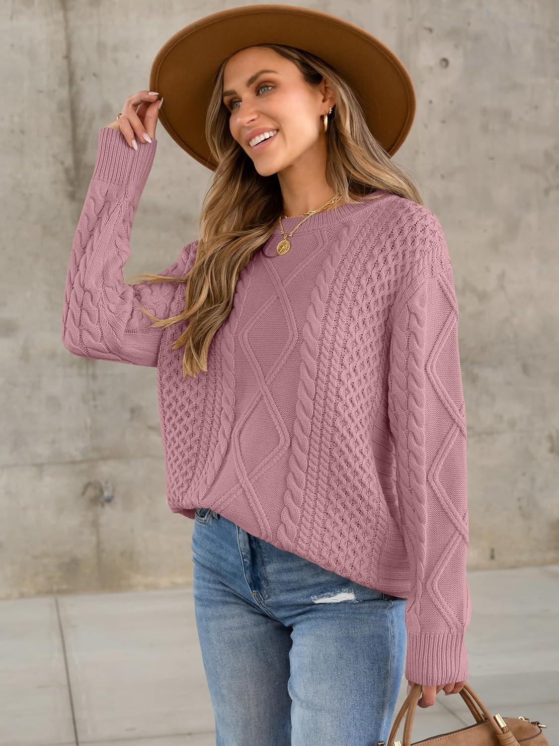 imageANRABESS Sweaters for Women Oversized Crewneck Long Sleeve Casual Loose Cable Knit Pullover Tops 2025 Fall Vintage ClothesPink