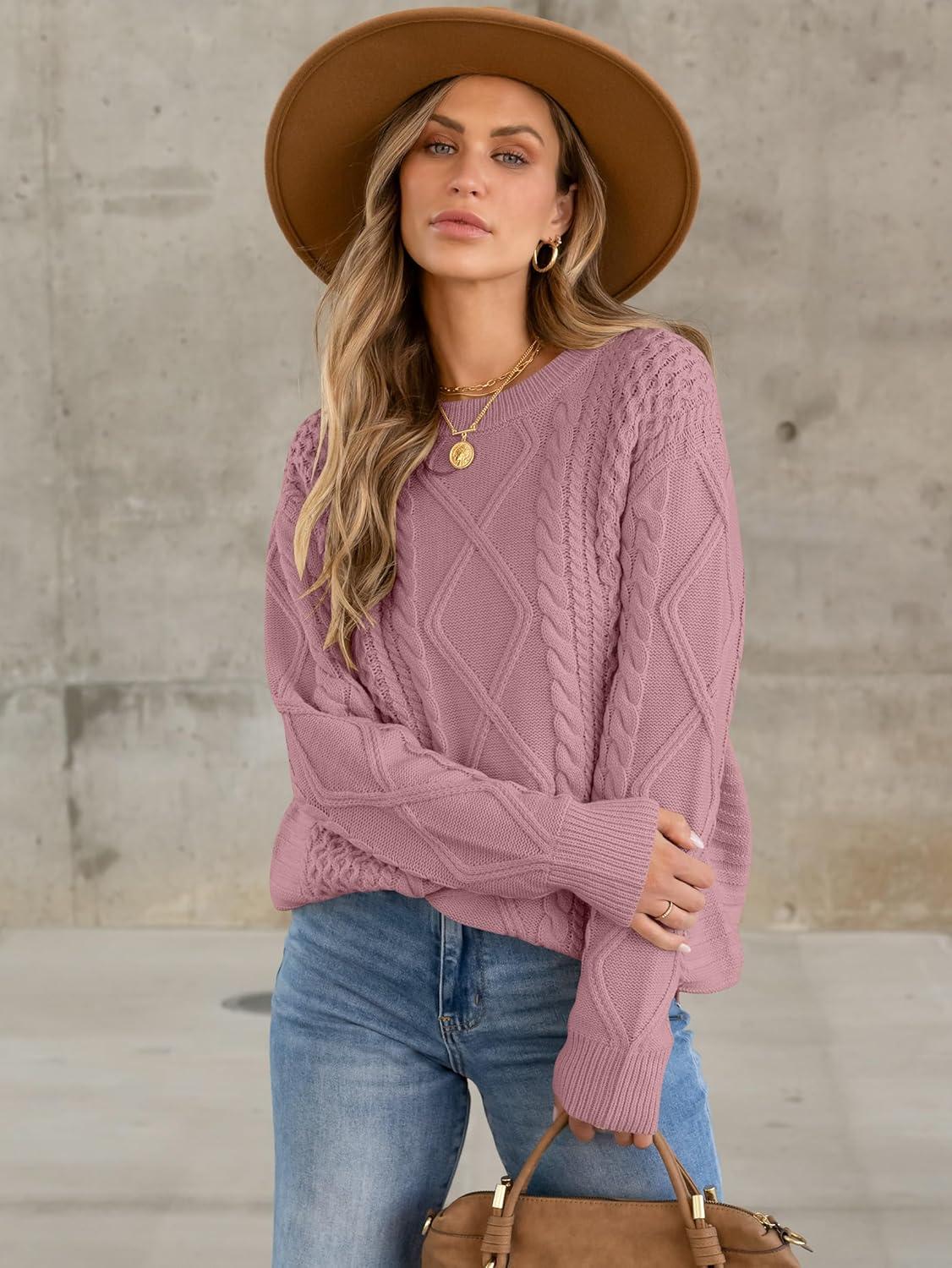 imageANRABESS Sweaters for Women Oversized Crewneck Long Sleeve Casual Loose Cable Knit Pullover Tops 2025 Fall Vintage ClothesPink