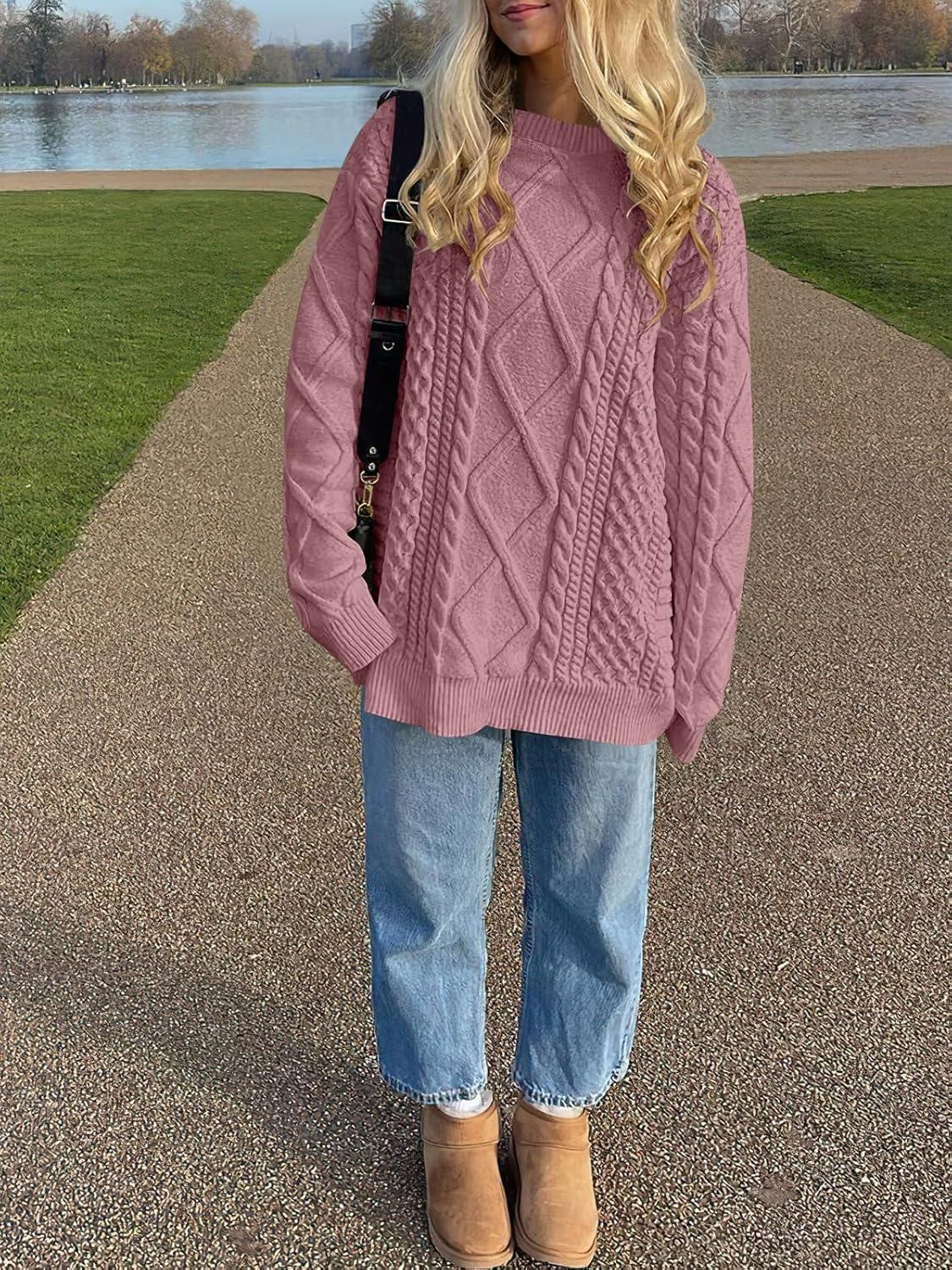 imageANRABESS Sweaters for Women Oversized Crewneck Long Sleeve Casual Loose Cable Knit Pullover Tops 2025 Fall Vintage ClothesPink