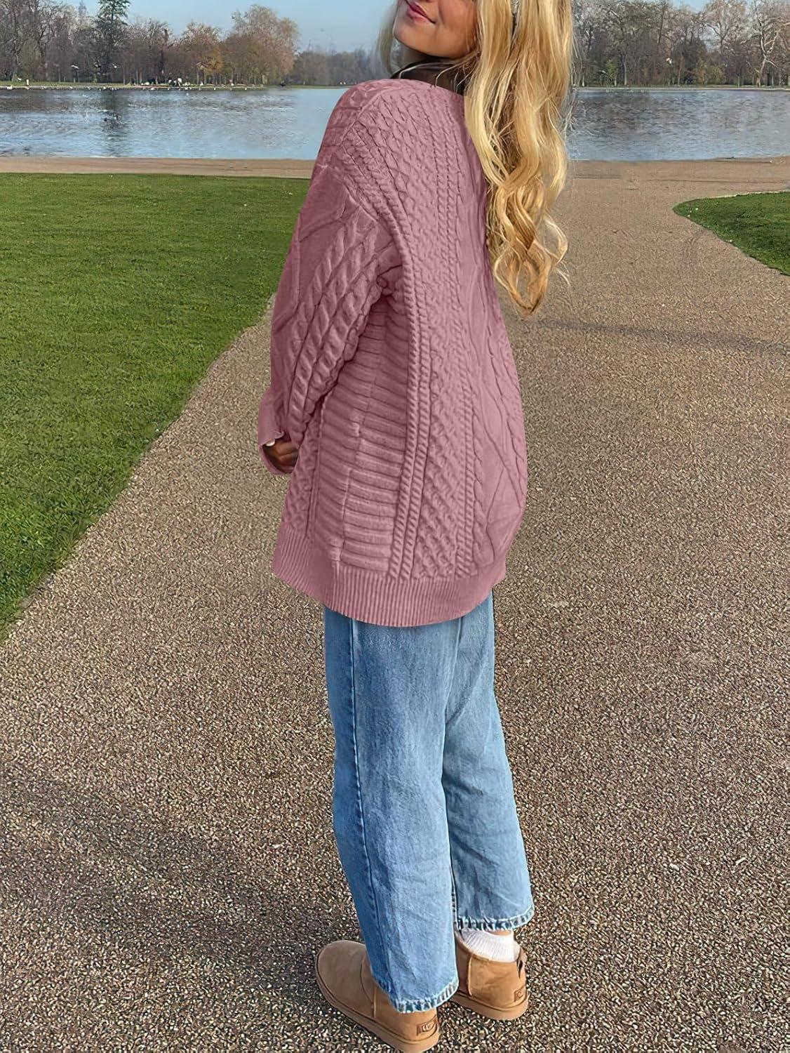 imageANRABESS Sweaters for Women Oversized Crewneck Long Sleeve Casual Loose Cable Knit Pullover Tops 2025 Fall Vintage ClothesPink