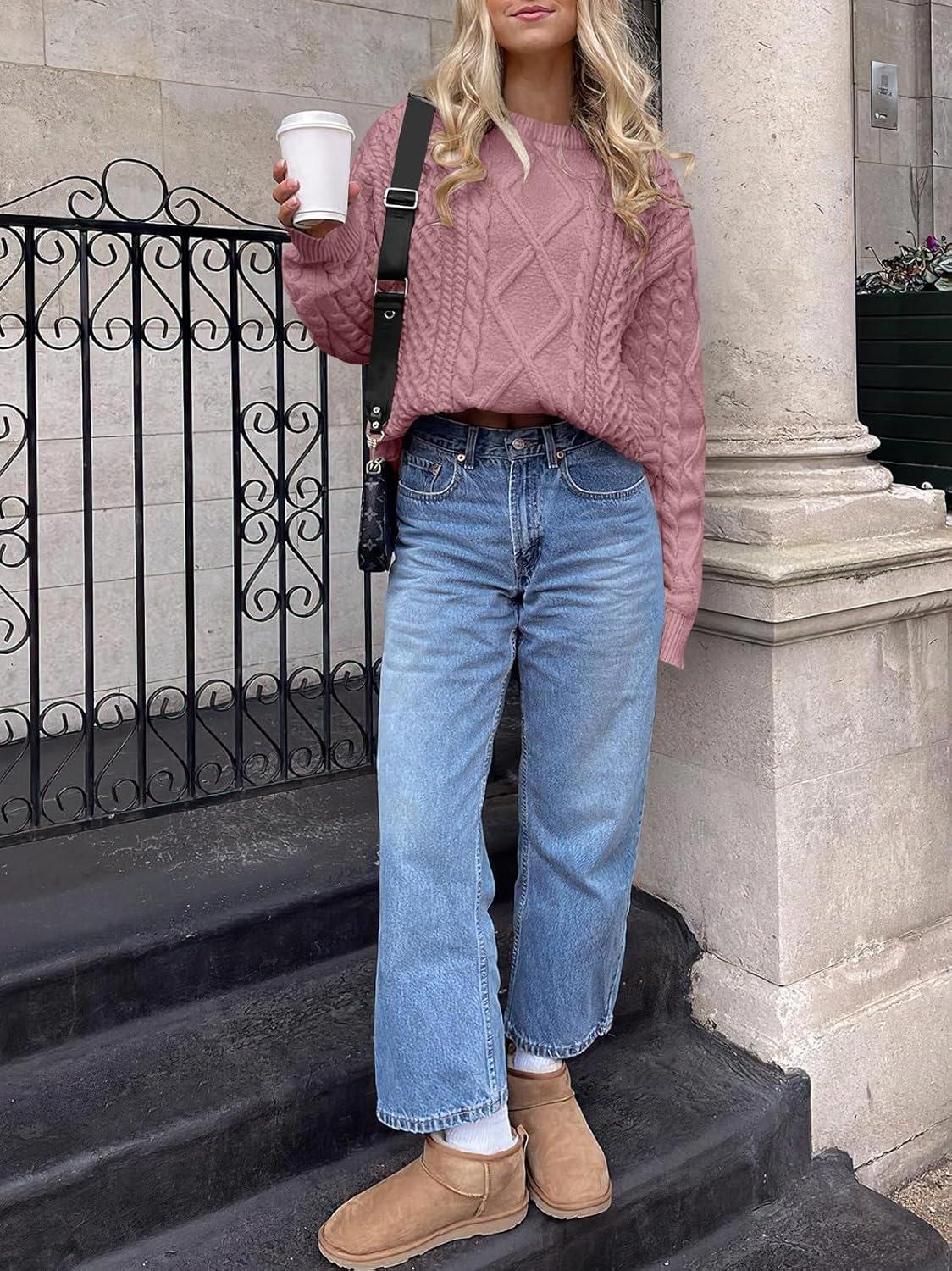 imageANRABESS Sweaters for Women Oversized Crewneck Long Sleeve Casual Loose Cable Knit Pullover Tops 2025 Fall Vintage ClothesPink