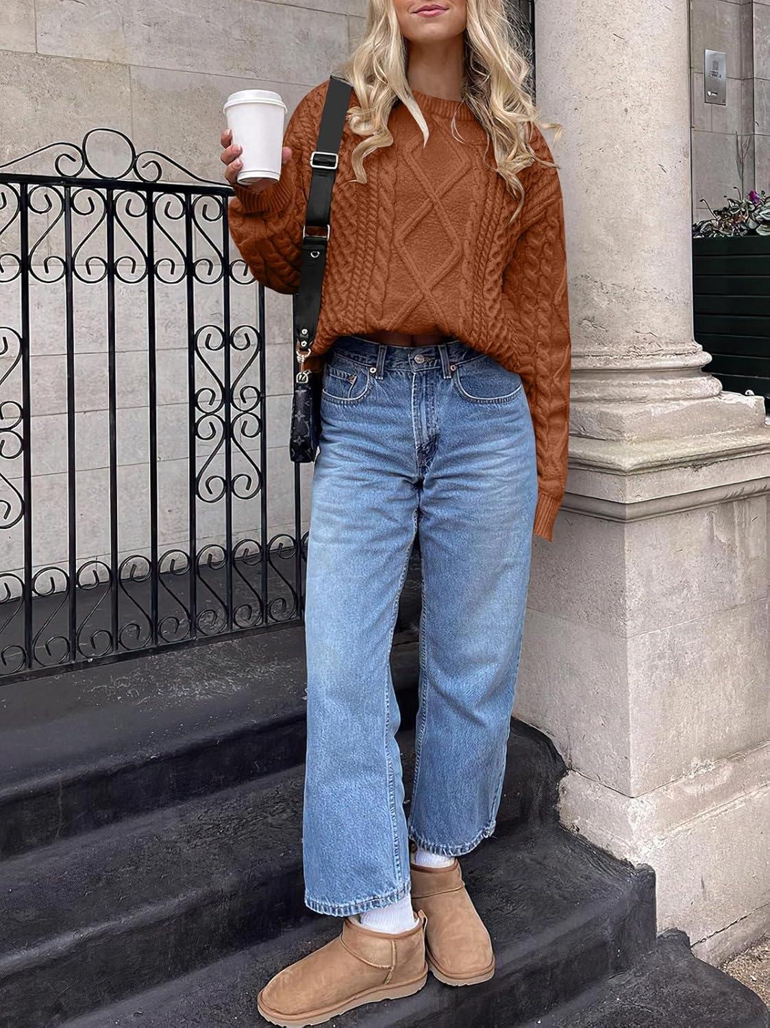 imageANRABESS Sweaters for Women Oversized Crewneck Long Sleeve Casual Loose Cable Knit Pullover Tops 2025 Fall Vintage ClothesRust