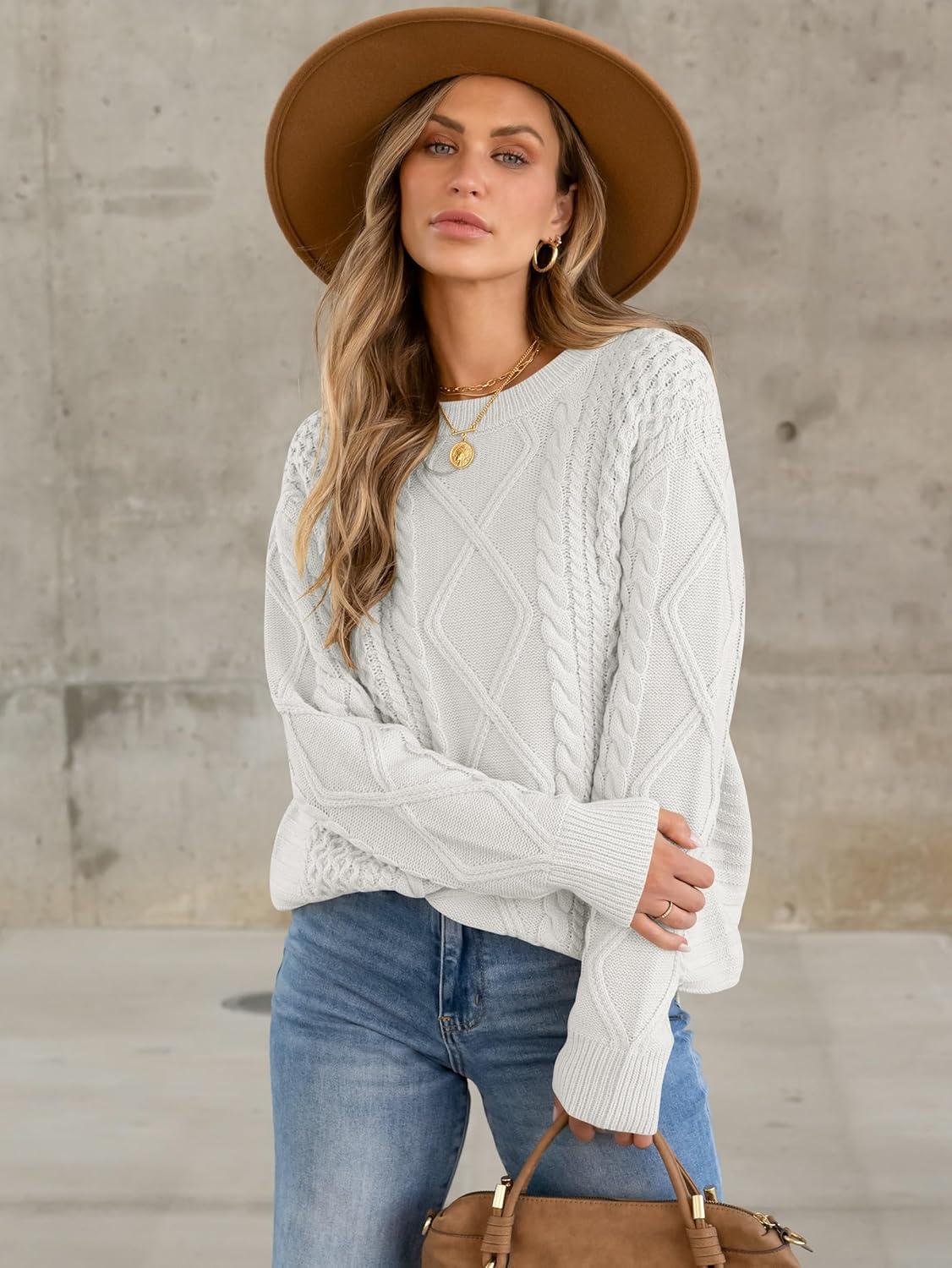 imageANRABESS Sweaters for Women Oversized Crewneck Long Sleeve Casual Loose Cable Knit Pullover Tops 2025 Fall Vintage ClothesWhite Cream