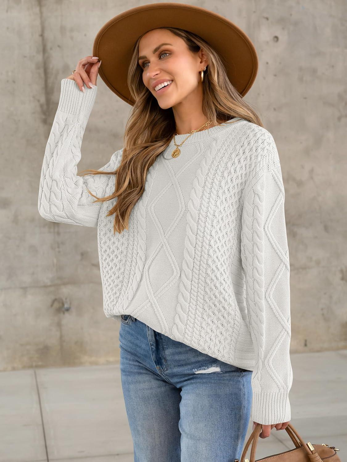 imageANRABESS Sweaters for Women Oversized Crewneck Long Sleeve Casual Loose Cable Knit Pullover Tops 2025 Fall Vintage ClothesWhite Cream