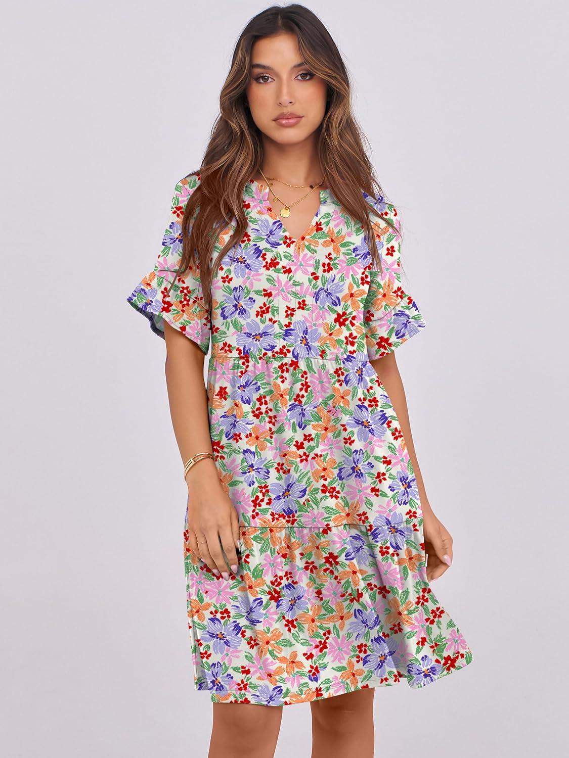 imageANRABESS Womens Summer 2025 Trendy Ruffle Short Sleeve V Neck A Line Tiered Flowy Loose Casual Mini Beach Dress with PocketsCrayon Multicolored Floral