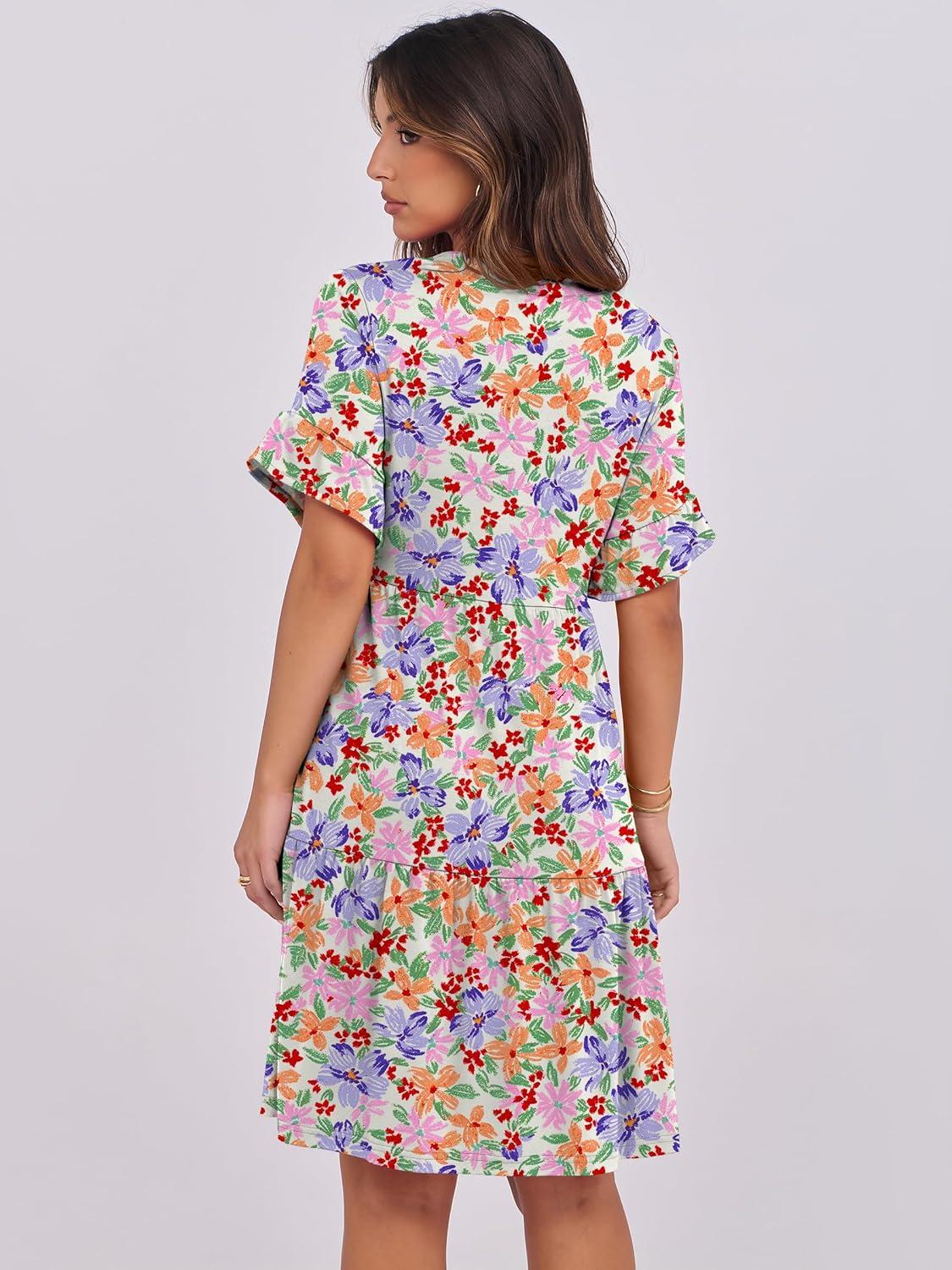 imageANRABESS Womens Summer 2025 Trendy Ruffle Short Sleeve V Neck A Line Tiered Flowy Loose Casual Mini Beach Dress with PocketsCrayon Multicolored Floral