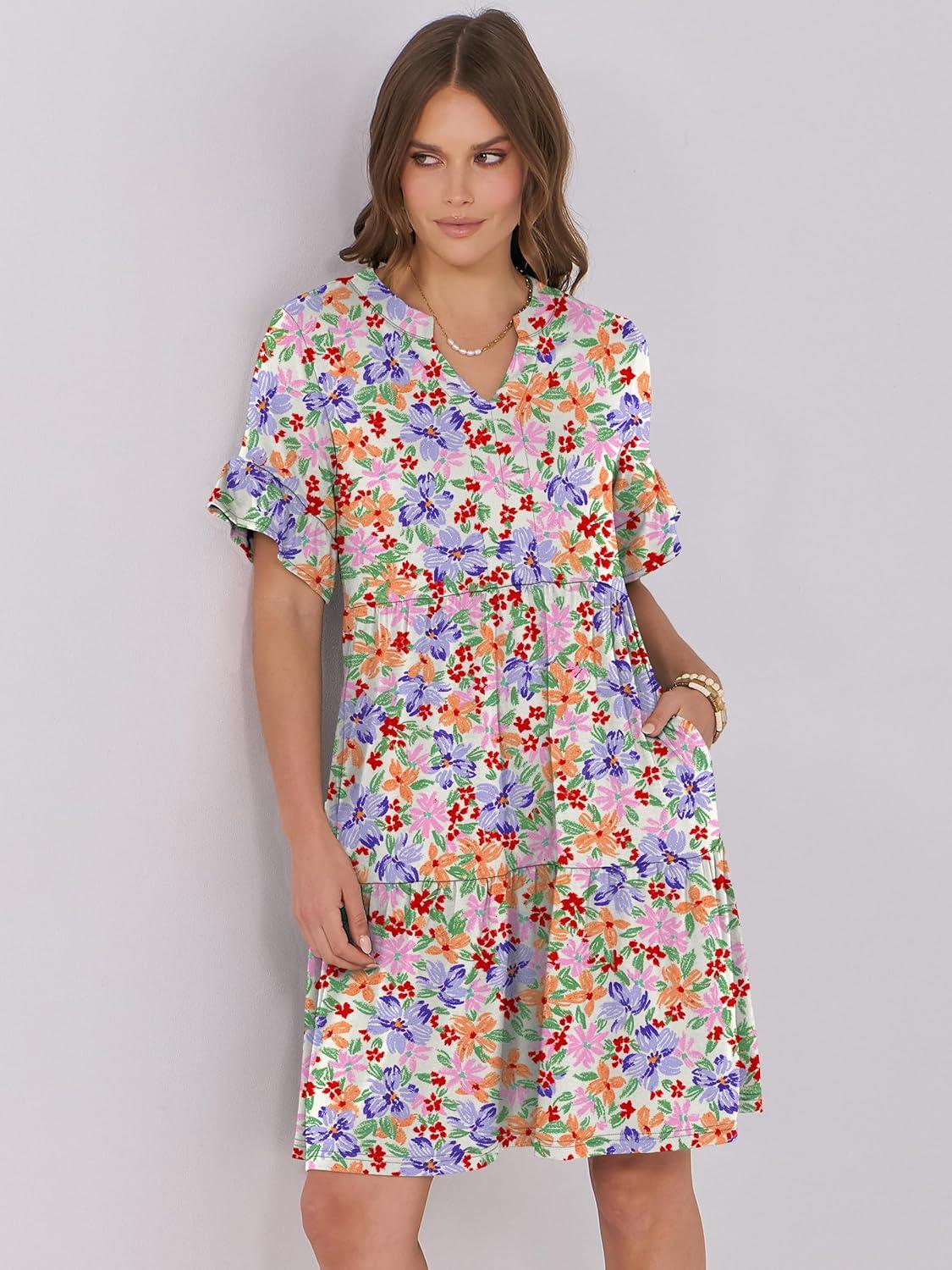 imageANRABESS Womens Summer 2025 Trendy Ruffle Short Sleeve V Neck A Line Tiered Flowy Loose Casual Mini Beach Dress with PocketsCrayon Multicolored Floral