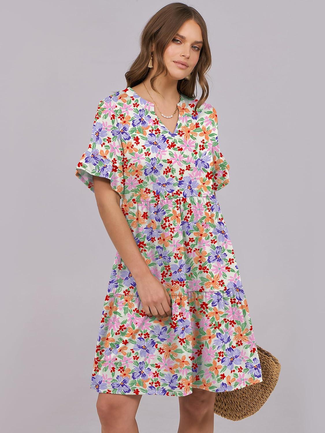 imageANRABESS Womens Summer 2025 Trendy Ruffle Short Sleeve V Neck A Line Tiered Flowy Loose Casual Mini Beach Dress with PocketsCrayon Multicolored Floral