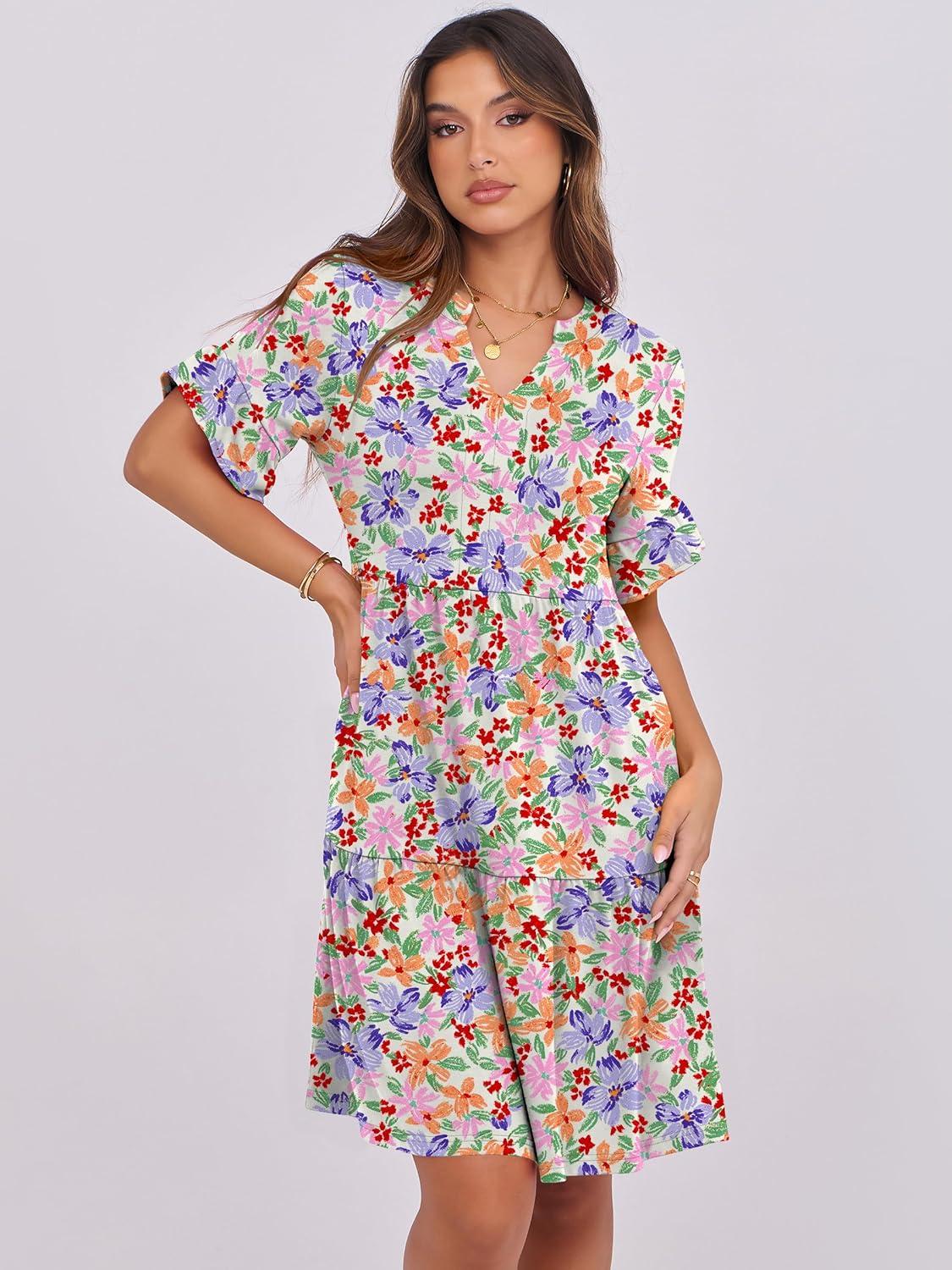 imageANRABESS Womens Summer 2025 Trendy Ruffle Short Sleeve V Neck A Line Tiered Flowy Loose Casual Mini Beach Dress with PocketsCrayon Multicolored Floral