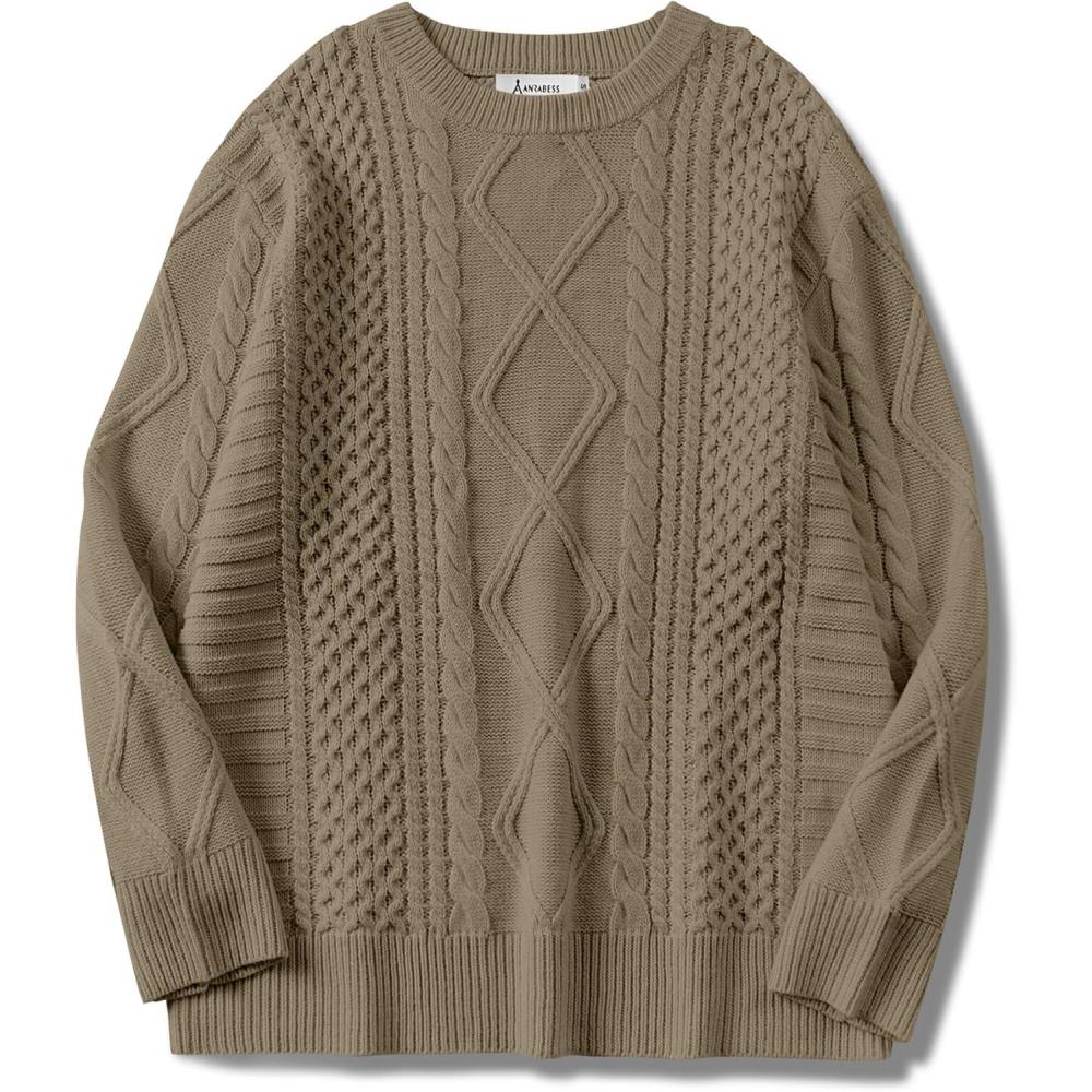 imageANRABESS Sweaters for Women Oversized Crewneck Long Sleeve Casual Loose Cable Knit Pullover Tops 2025 Fall Vintage ClothesBrown Yellow