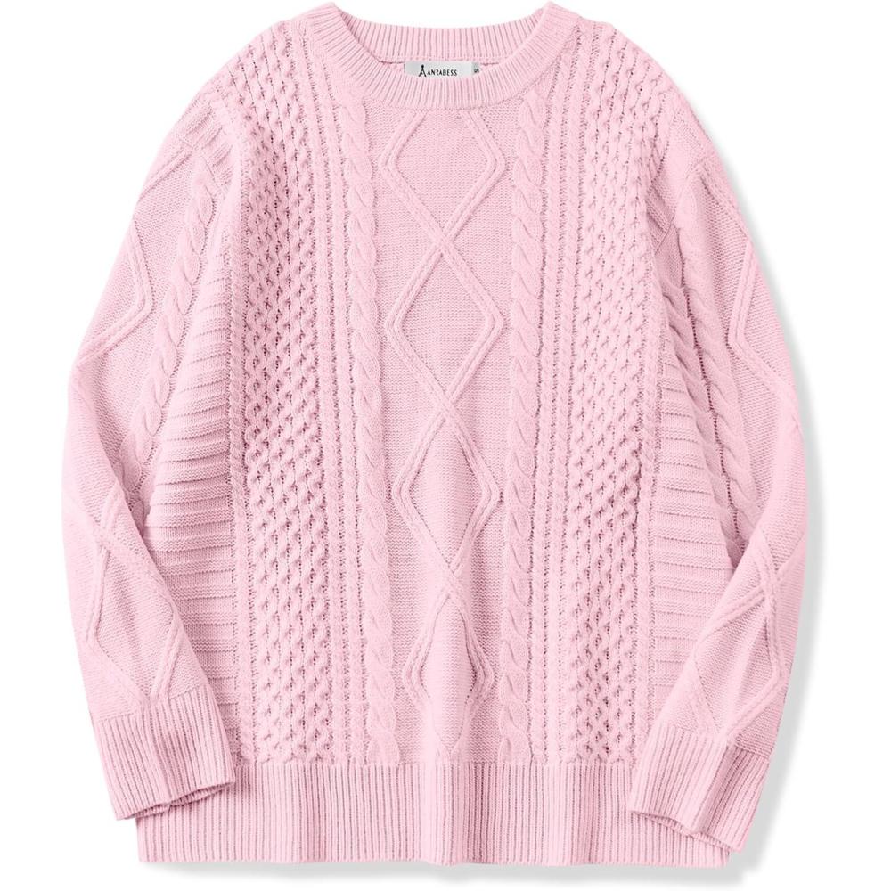 imageANRABESS Sweaters for Women Oversized Crewneck Long Sleeve Casual Loose Cable Knit Pullover Tops 2025 Fall Vintage ClothesLight Pink