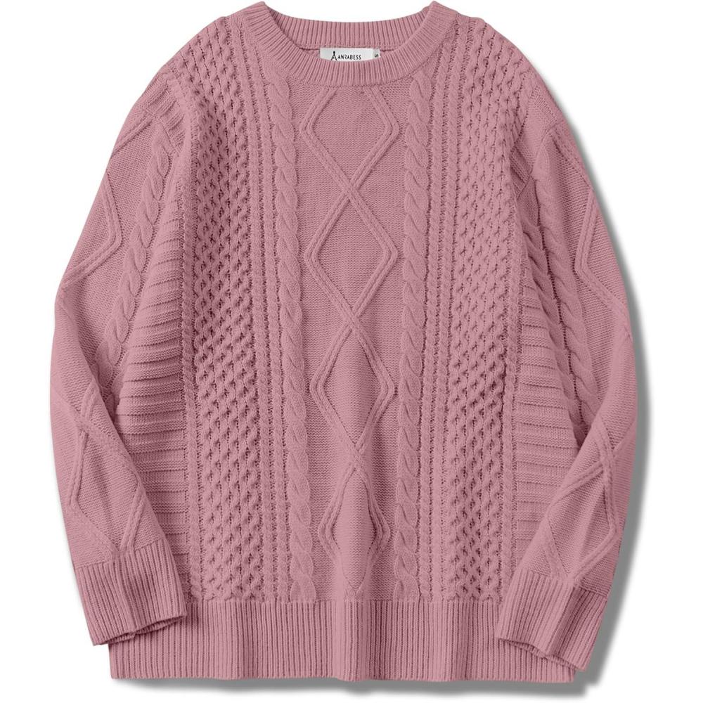 imageANRABESS Sweaters for Women Oversized Crewneck Long Sleeve Casual Loose Cable Knit Pullover Tops 2025 Fall Vintage ClothesPink