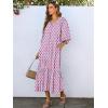 imageANRABESS Boho Maxi Dresses for Women Summer Puff Sleeve V Neck Flowy Long Casual Dress with Pockets 2025 Vacation OutfitsLeaves Hot Pink