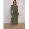 imageANRABESS Long Sleeve Maxi Dress for Women Trendy Crew Neck Tie Waist Slim Slit Casual Work Long Dresses 2025 Fall OutfitsArmy Green