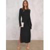 imageANRABESS Long Sleeve Maxi Dress for Women Trendy Crew Neck Tie Waist Slim Slit Casual Work Long Dresses 2025 Fall OutfitsBlack