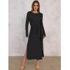 imageANRABESS Long Sleeve Maxi Dress for Women Trendy Crew Neck Tie Waist Slim Slit Casual Work Long Dresses 2025 Fall OutfitsBlack