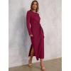 imageANRABESS Long Sleeve Maxi Dress for Women Trendy Crew Neck Tie Waist Slim Slit Casual Work Long Dresses 2025 Fall OutfitsBurgundy