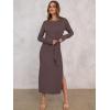 imageANRABESS Long Sleeve Maxi Dress for Women Trendy Crew Neck Tie Waist Slim Slit Casual Work Long Dresses 2025 Fall OutfitsCoffee
