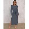imageANRABESS Long Sleeve Maxi Dress for Women Trendy Crew Neck Tie Waist Slim Slit Casual Work Long Dresses 2025 Fall OutfitsDeep Gray