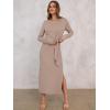 imageANRABESS Long Sleeve Maxi Dress for Women Trendy Crew Neck Tie Waist Slim Slit Casual Work Long Dresses 2025 Fall OutfitsKhaki
