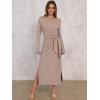 imageANRABESS Long Sleeve Maxi Dress for Women Trendy Crew Neck Tie Waist Slim Slit Casual Work Long Dresses 2025 Fall OutfitsKhaki