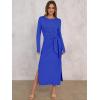 imageANRABESS Long Sleeve Maxi Dress for Women Trendy Crew Neck Tie Waist Slim Slit Casual Work Long Dresses 2025 Fall OutfitsRoyal Blue