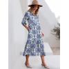 imageANRABESS Women Casual 34 Puff Sleeve Polo V Neck Floral Printed Flowy Swing Loose Summer Boho Maxi Shirt DressesBlue Khaki