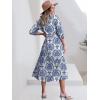 imageANRABESS Women Casual 34 Puff Sleeve Polo V Neck Floral Printed Flowy Swing Loose Summer Boho Maxi Shirt DressesBlue Khaki