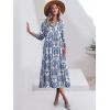 imageANRABESS Women Casual 34 Puff Sleeve Polo V Neck Floral Printed Flowy Swing Loose Summer Boho Maxi Shirt DressesBlue Khaki