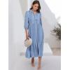 imageANRABESS Women Casual 34 Puff Sleeve Polo V Neck Floral Printed Flowy Swing Loose Summer Boho Maxi Shirt DressesStripe Blue White