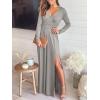 imageANRABESS Women Deep V Neck Long Sleeve Slit 2025 Fall Elegant Formal Wedding Guest Cocktail Evening Date Prom Maxi Long DressZgray