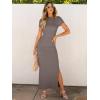 imageANRABESS Women Summer Short Sleeve Ruched Bodycon Slit Club Evening Party Cocktail Formal Wedding Guest Long Maxi DressesBrown
