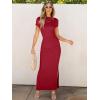 imageANRABESS Women Summer Short Sleeve Ruched Bodycon Slit Club Evening Party Cocktail Formal Wedding Guest Long Maxi DressesDeep Red