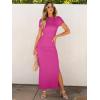 imageANRABESS Women Summer Short Sleeve Ruched Bodycon Slit Club Evening Party Cocktail Formal Wedding Guest Long Maxi DressesHot Pink