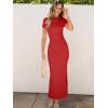imageANRABESS Women Summer Short Sleeve Ruched Bodycon Slit Club Evening Party Cocktail Formal Wedding Guest Long Maxi DressesRed