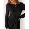 imageANRABESS Womens Long Lantern Sleeve Ribbed Knit Casual Lightweight Tie Waist 2025 Fall Cocktail Short Mini Sweater DressBlack