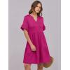 imageANRABESS Womens Summer 2025 Trendy Ruffle Short Sleeve V Neck A Line Tiered Flowy Loose Casual Mini Beach Dress with PocketsHot Pink