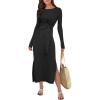 imageANRABESS Long Sleeve Maxi Dress for Women Trendy Crew Neck Tie Waist Slim Slit Casual Work Long Dresses 2025 Fall OutfitsBlack