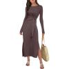 imageANRABESS Long Sleeve Maxi Dress for Women Trendy Crew Neck Tie Waist Slim Slit Casual Work Long Dresses 2025 Fall OutfitsCoffee