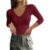 imageANRABESS Shirts for Women 34 Sleeve V Neck Rib Knit Slim Basic Tees Tops 2025 Fall Casual Tshirts Going Out Workout OutfitsDeep Red