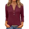 imageANRABESS Women 34 Sleeve Length Henley Tops Button V Neck Loose Fit Dressy Casual TShirts 2025 Fall Tunic BlouseBurgundy