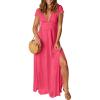 imageANRABESS Women Summer Deep V Neck Short Sleeve Dresses Slit Elegant Wedding Guest Formal Cocktail Evening Maxi Long DressPink